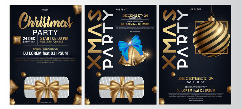 Vector illustration of Happy New Year 2019 and Merry Christmas brochure, flyer, party, holiday invitation, corporate celebration. Gold ball, star, gift, snowflake composition on black background