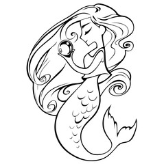 Cute cartoon anime illustration. Beautiful adorable mermaid girl with long red hair holding huge pearl in her hands