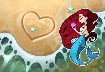 Cute cartoon anime illustration. Beautiful adorable mermaid girl with long red hair holding huge pearl in her hands