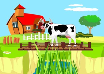 Cow standing on the bridge over the river, countryside landscape vector illustration
