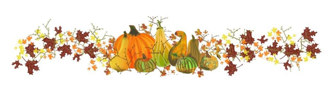Thanksgiving Fall panorama wide border holiday gourds harvest design
