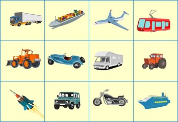 Transoprt objects vector set icons automobils, train, truck, plane.