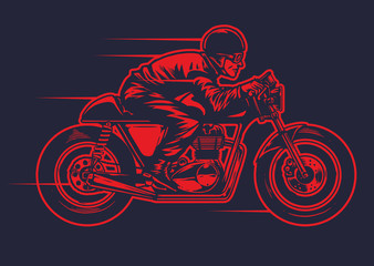 hand drawing od man riding old cafe racer motorcycle