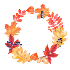 Watercolor wreath with autumn multicolored leaves and berries. Illustration on white background for invitations, thank you, thanksgiving with place for text.