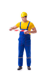 Funny worker wearing coveralls with tape