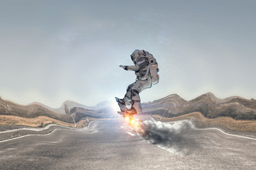 Spaceman on flying board. Mixed media