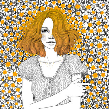 vector beautiful red-haired young girl lies on a meadow of sunny and the same red orange carroty  dandelions
