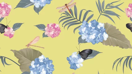Fototapeten Botanical seamless pattern, dragonfly and butterfly with blue and pink hydrangea flowers with leaves on yellow background © momosama