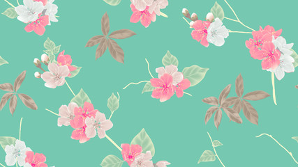 Botanical seamless pattern, pink sakura flowers and leaves on green background