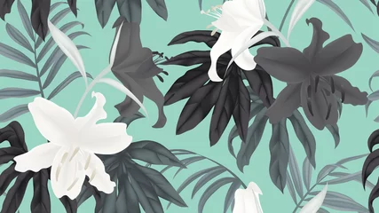 Muurstickers Botanical seamless pattern, black and white lily flowers and leaves on blue background © momosama