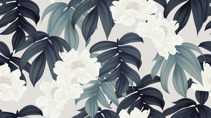 Botaniczny wzór, białe kwiaty paenia lactiflora i liście na jasnobrązowym tle - 222732103