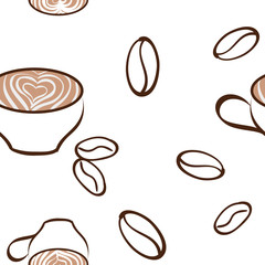 Coffee seamless background. Wallpaper concept. Bean and cup with hearts