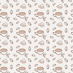 Coffee seamless background. Wallpaper concept. Bean and cup with hearts