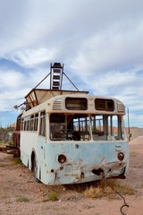 Bus converted into a piece of rudimentary mining equipment in outback town of Coober Pedy