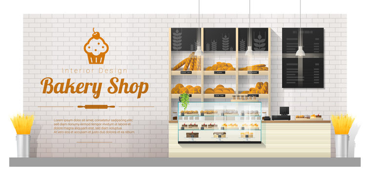 Interior background with modern bakery shop display counter , vector , illustration