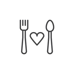 Food donation outline icon. linear style sign for mobile concept and web design. Spoon with fork and heart simple line vector icon. Symbol, logo illustration. Pixel perfect vector graphics