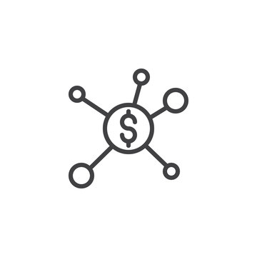 Dollar Financial Network Outline Icon. Linear Style Sign For Mobile Concept And Web Design. Money Hub And Spoke Line Vector Icon. Symbol, Logo Illustration. Pixel Perfect Vector Graphics