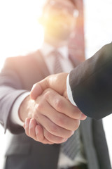 business leader shaking hands with partner.