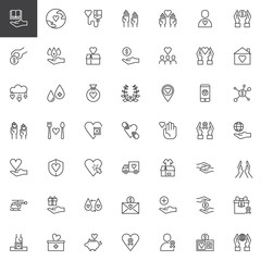 Charity outline icons set. linear style symbols collection, line signs pack. vector graphics. Set includes icons as Blood donation, Voluntary, Donate, Laurel, Love, Delivery truck, Praying hands 