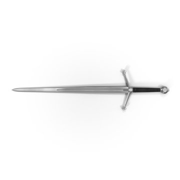 Medieval Knight Sword on white. Top view. 3D illustration