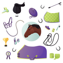 Vector collection with various elements of horse tack and equipment. Horse riding, training and equestrian sport gear. Saddle, bridle, blanket, halter, lunge, horseshoes isolated set