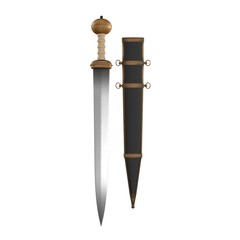 Roman Gladius Short Sword with Sheath on white. Top view. 3D illustration