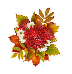 Autumn bouquet with chrysanthemum flowers and dry leaves