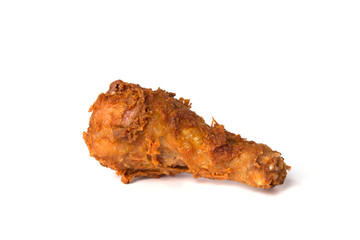 Crispy fried chicken leg isolated on a white background.