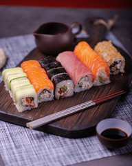 sushi on wooden plate