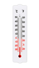 Atmospheric plastic meteorology thermometer isolated on white background. Air temperature minus 22...