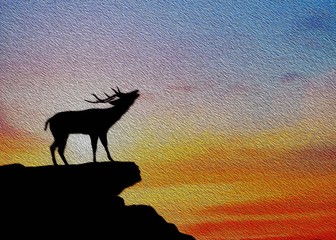 silhouette   deer on meadow during sunrise.oil painting