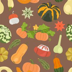 Variety of pumpkins. Flat design seamless pattern