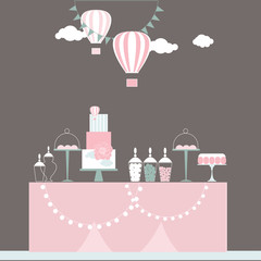 Wedding candy bar with cake and flowers. Dessert table.  Vector illustration.
