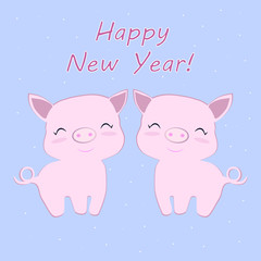 Happy New Year 2019 funny card design with cartoon pigs face