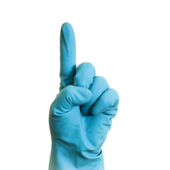 A hand in a blue glove on a white background