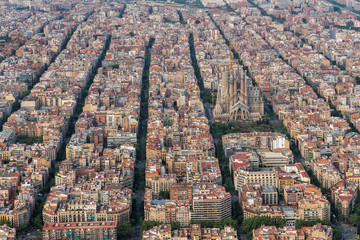 Barcelona aerial view, Eixample district with typical urban squares, Spain