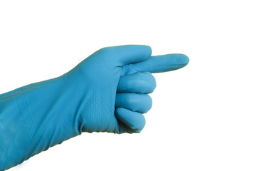 A hand in a blue glove on a white background