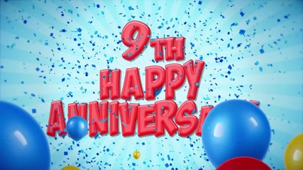 18. 9th Happy Anniversary Red Text Appears on Confetti Popper Explosions Falling and Glitter Particles, Colorful Flying Balloons Seamless Loop Animation for Wishes Greeting, Party, Invitation, card.