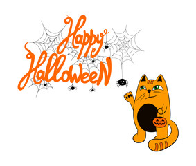 Vector Funny Halloween Greeting Illustration, Card Template, Bright Orange 'Happy Halloween' Lettering and Cute Red Cat.
