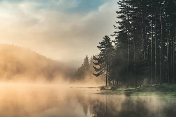 Fotobehang Mistige ochtendstond Ochtendmist op het meer, zonsopgangschot