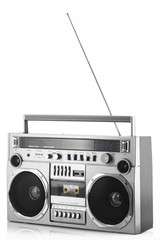 1980s Silver retro radio boom box with antenna up isolated on white background