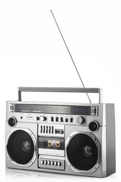 1980s Silver Retro Radio Boom Box With Antenna Up Isolated On White Background