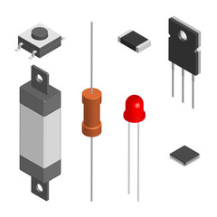 Set of different electronic components in 3D, vector illustration.