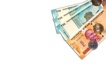 New Indian 50 and 10 rupees with 10 rupees coin on white isolated background.