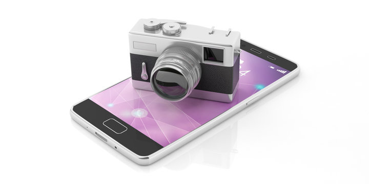 Retro camera on mobile phone, isolated on white background, 3d illustration.