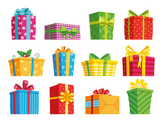 Cartoon gift box. Christmas presents, gifting boxes and present winter holidays gifts. Secret boxing with surprises vector set