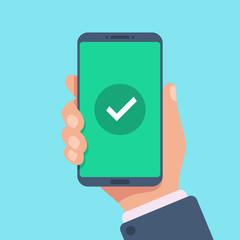 Checkmark on smartphone screen. Green confirmation notification on mobile phone. Check mark sign vector illustration