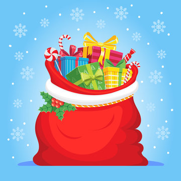 Santa Claus Gifts In Bag. Christmas Presents Sack, Pile Of Sweets Gift And Xmas Vector Illustration