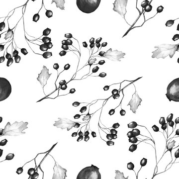 Watercolor black and white Autumn Paterrn with branches of wild rose berries