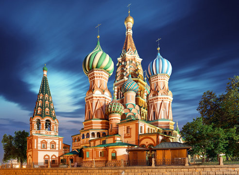 Moscow, Russia - Red square view of St. Basil's Cathedral at night, nobody